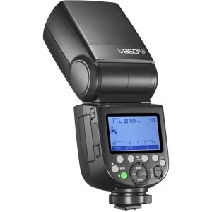 نمایی از فلاش دوربین حرفه‌ای Godox V860 III با طراحی مدرن و لامپ مدلینگ LED، مناسب برای عکاسی پرتره و تولید محتوا