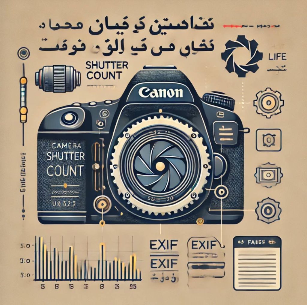 تصویر راهنمای بررسی تعداد شات دوربین همراه با نماد دوربین DSLR و اطلاعات عمر مفید شاتر"