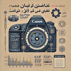 تصویر راهنمای بررسی تعداد شات دوربین همراه با نماد دوربین DSLR و اطلاعات عمر مفید شاتر"