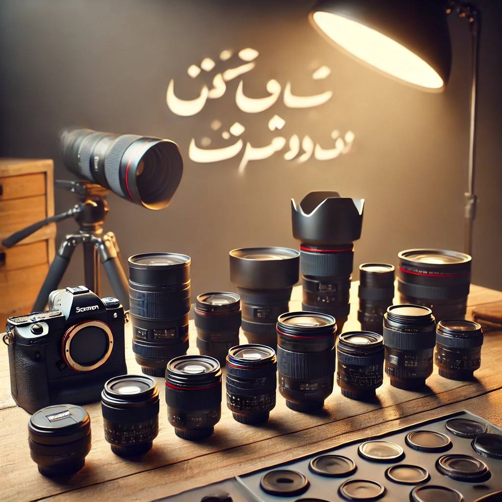 «چند لنز دوربین DSLR مختلف روی میز چیده شده‌اند؛ در پس‌زمینه یک دوربین عکاسی و دفترچه راهنمای انتخاب لنز دیده می‌شود»