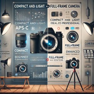 مقایسه سنسور APS-C و فول‌فریم در دنیای واقعی؛ ولاگر جوان در حال فیلم‌برداری با دوربین APS-C در فضای باز، در مقابل فیلم‌بردار حرفه‌ای با دوربین فول‌فریم در استودیوی مجهز، نمایانگر تفاوت در ابعاد تجهیزات، سبک کار و سطح تولید محتوا