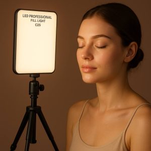 نور LED حرفه‌ای مدل C26 نصب‌شده روی سه‌پایه در یک استودیو عکاسی، در حال نورپردازی پرتره از یک مدل نشسته با نور نرم و یکنواخت.
